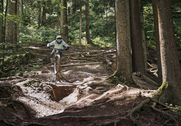 Mountainbikerin meistert eine anspruchsvolle Wurzelpassage auf einem steilen Waldtrail mit ihrem Downhill-Bike. | © Karin Pasterer