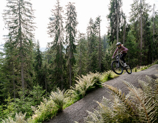 Mountainbikerin fährt mit voller Konzentration durch eine enge Kurve auf einem Trail, während im Hintergrund die Asitzbahn-Gondel vorbeizieht. | © Yvonne Hörl