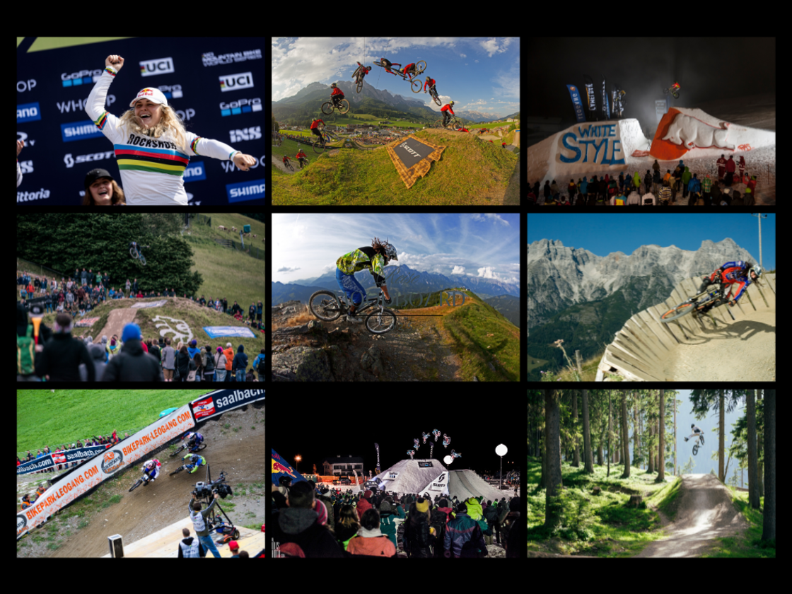 Collage mit Mountainbike-Action aus 25 Jahren Bikepark Leogang, mit Weltcup, Freestyle-Events und Trailriding | © Stefan Voitl, Bartek Wolinski, Ale Di Lullo, Markus Greber, Syo van Vliet, Lars Scharl, Christoph Laue